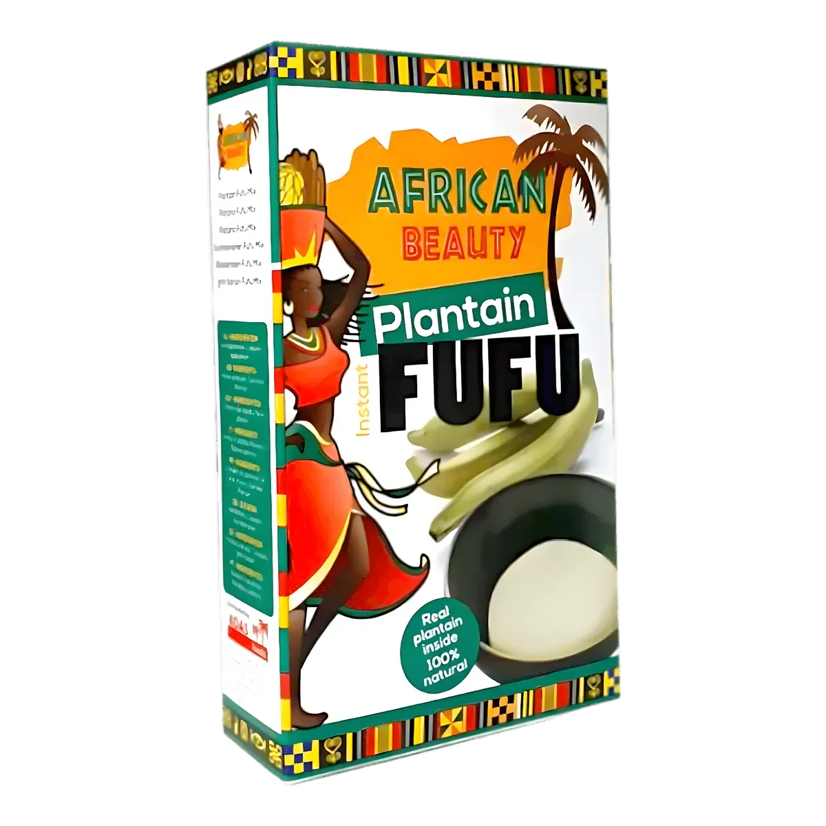 Farine de Plantain Verte AFRICAN BEAUTY – Fufu en boîte colorée avec illustration africaine, texture fine et 100% naturelle.